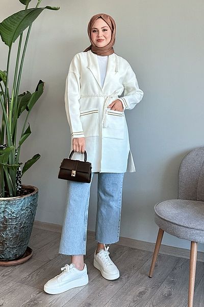 InStyle White Knitwear Jacket with Knit and Glitter Detail
