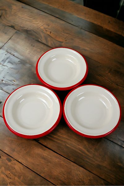 İnci Emaye 3 Pieces 14cm Enamel Plate Set, Breakfast Plate, Jam, Olive, Cheese Plate, Dowry, Gift