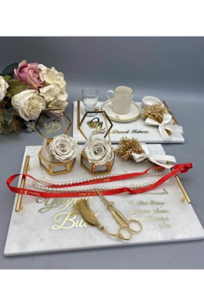 gifthomeshop Mermer Nişan Tepsi Damat Kahve Seti Dikdörtgen