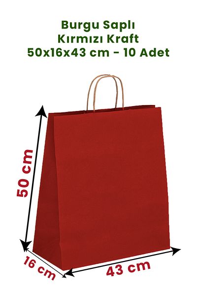 Balkan 10 Pieces Red Kraft Paper Shopping Bag with Twisted Handle - 50X16X43 cm Cardboard