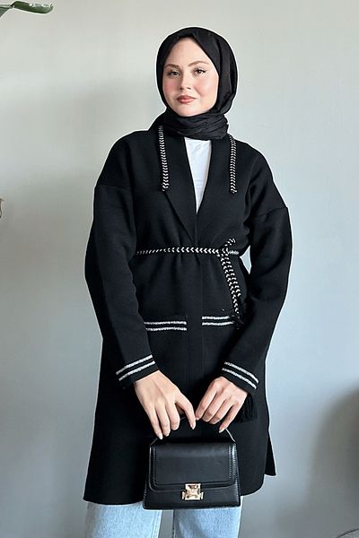 InStyle Μαύρο πλεκτό μπουφάν με πλεκτή και γκλίτερ λεπτομέρεια