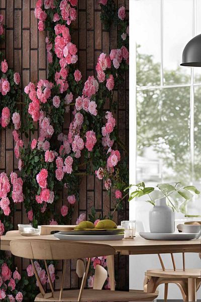 3D ELSE HALI Pink Ivy Roses Patterned Digital Printed Dining Room Kitchen Background Curtain 140X260Cm