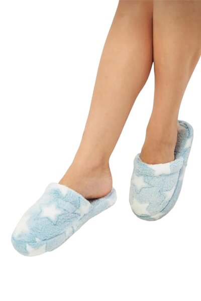 Liger Papuci de casă pentru femei din pluș cu imprimeu Blue Star - față închisă