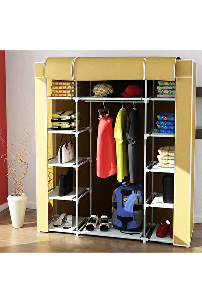 Home Dzgn Home Çift Yandan Raflı Askılı Metal Profilli Kumaş Geniş Bez Dolap,...