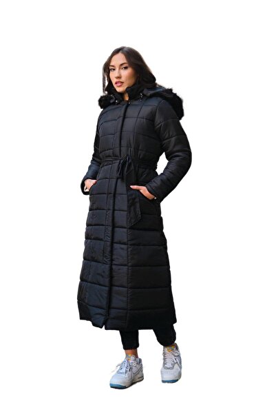 1tarz Günlük Kışlık Kapüşonlu Tam Boy Şık Şişme Siyah Kadın Mont