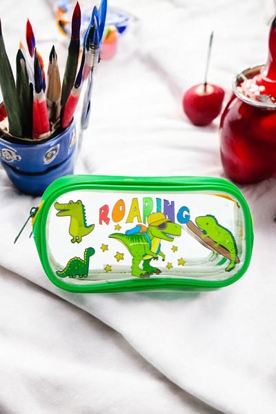 DİNGABAGS Kaff 1112 Green Color Dinosaur Patterned Transparent Waterproof Single Compartment Pencil Case
