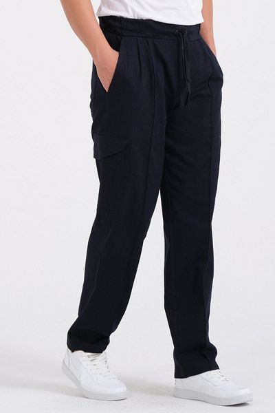 RELAXL 100% Cotton Elastic Baggy Navy Blue Gabardine Loose Pants with Phone Pockets