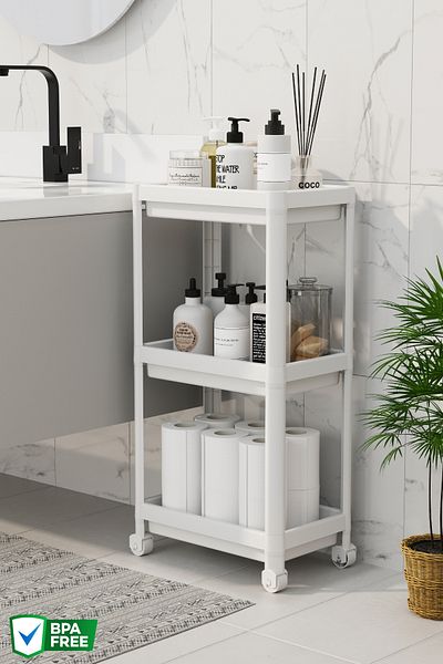 Nandy Home Πάγκος 3 επιπέδων κάτω από τον πάγκο, Μονάδα ραφιών μπάνιου με ρόδες