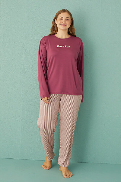 REMSA Plus Size Women's Milan Fabric Pajamas Set 50802-15 Plum