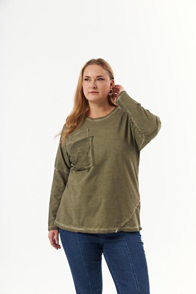 RMG Khaki Colored Large Size Paint Sweatshirt - Pocket Detailed