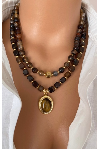 TARZ-I TAKI Doğal Taş Kahve Akik Taşı Altın Kaplama Çerçeveli Taş Uç Özel Tasarım Birleşik Kadın Kolye Hediye