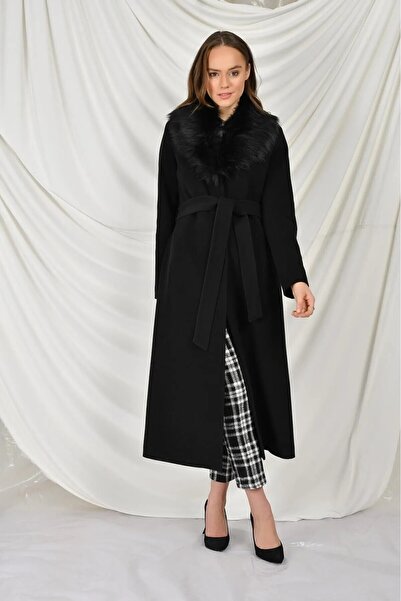 1tarz Kadın Tam Boy Yakası Kürklü Şık Siyah Kaban