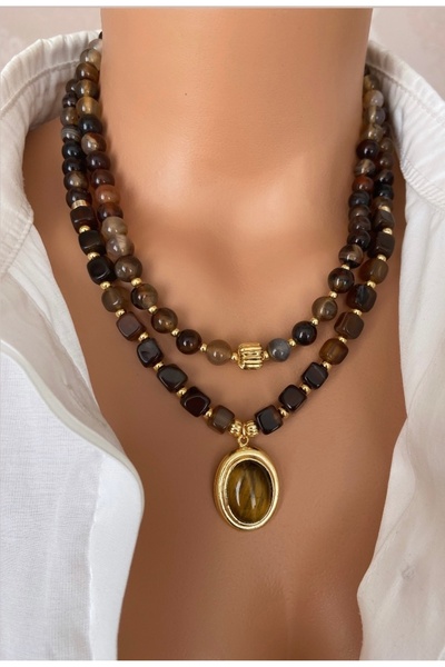 TARZ-I TAKI Doğal Taş Kahve Akik Taşı Altın Kaplama Çerçeveli Taş Uç Özel Tasarım Birleşik Kadın Kolye Hediye