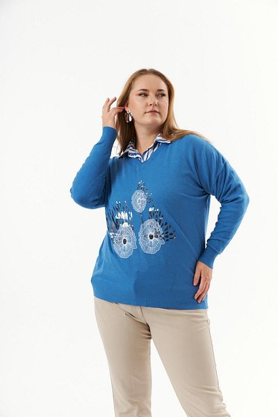 RMG Printed Indigo Knitwear Sweater with V-Neck - Cashmere Blend, Plus Size