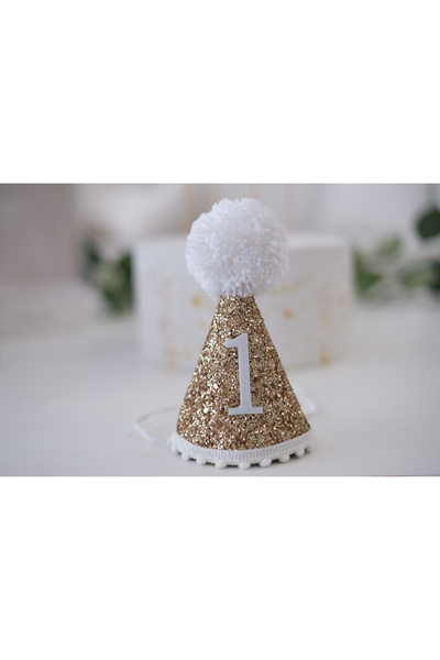 Partifabrik Yeni Sezon Gold Yaldızlı Simli 1 Yaş Ponponlu  Taç Lastikli Şapka Taç