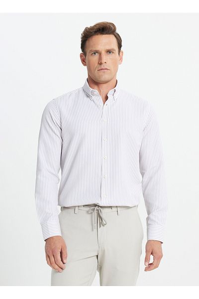ALTINYILDIZ CLASSICS Altınyıldız Classics قميص رجالي بياقة بأزرار وقصة ضيقة باللون الأبيض - البيج ACE202510016 _ SHIRT PAR DY