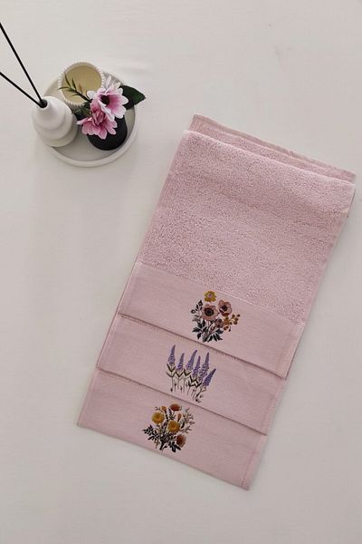 Sevim Lavender 3-Piece Printed Kitchen and Guest Towel Set - Pink Hand Towel - 30X50 cm