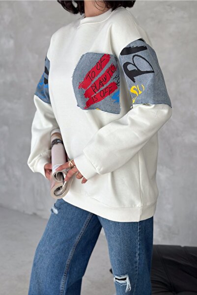 FEMELLE Women's White Denim Detailed Cotton Sweatshirt