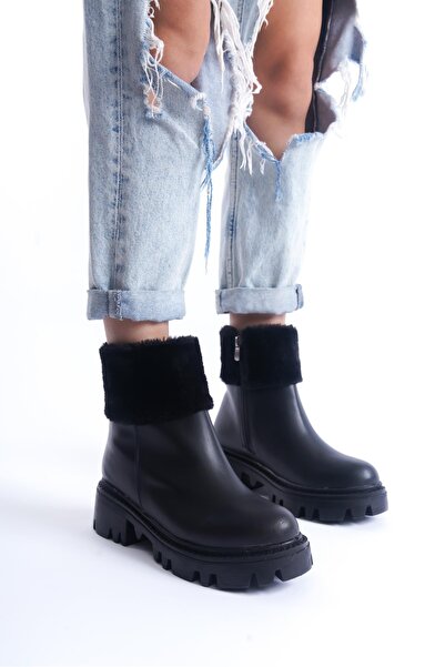 CZ London Kadın Kalın Tırtıklı Tabanlı Kürk Detaylı Fermuarlı Günlük Bot