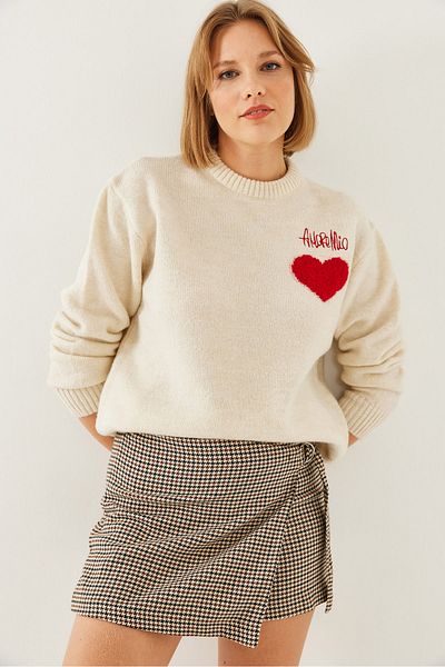 Bianco Lucci Damen-Strickpullover mit Rundhalsausschnitt und Herz-Stickerei 20247534
