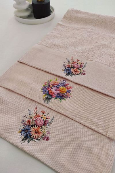 Sevim 3-Piece Kitchen Towel Set - Salmon Bamboo Hand Towel Set - Extra Soft - 30X50 cm - Flower Garden