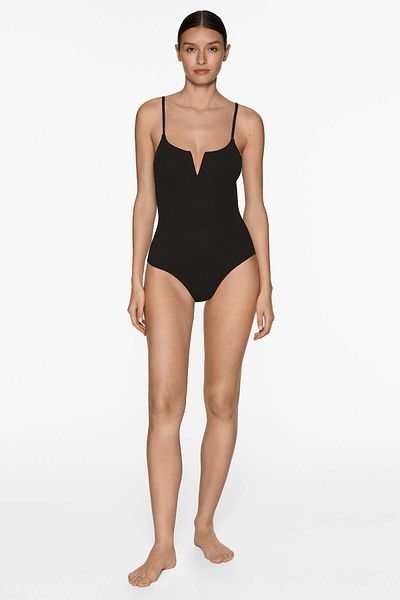 Oysho Piqué V-neck swimsuit