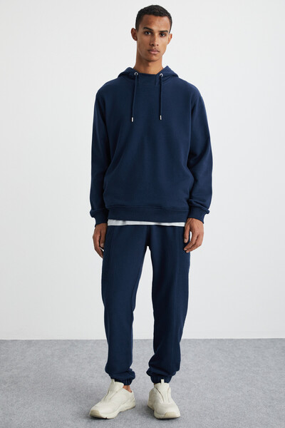 GRIMELANGE Ανδρικό φούτερ Alessıo 100% βαμβακερό κορδόνι με κουκούλα με λεπτομέρεια Oversize Fit Navy Blue