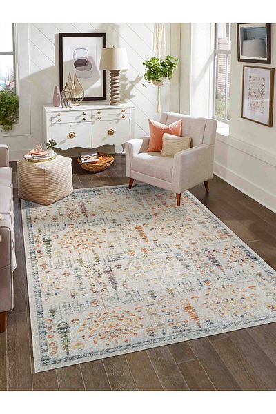KONFOR Antique 1112 Classic Vintage Living Room Rug Beige Retro Kitchen Rug Non-Shedding Thin Machine-Made