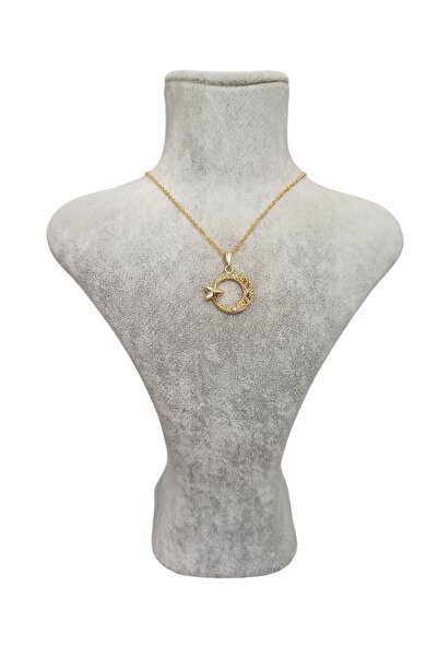 Mos Tespih Embroidered Moon Star Gold Necklace
