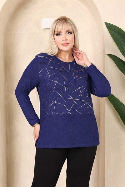 Şans Women's Large Size Navy Blue Crew Neck Front Detailed Long Sleeve Blouse 65N38437