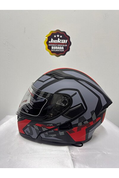JİEKAİ JK902 JİEKAİ ÇENE AÇILIR KASK GÜNEŞ VİZÖRLÜ MOTORCU KASKI H-1 KIRMIZI ÇENE PEDLİ C ONAYLI