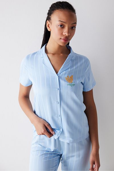 Penti Light Blue Dahlia Satin Pajama Set - Buttoned
