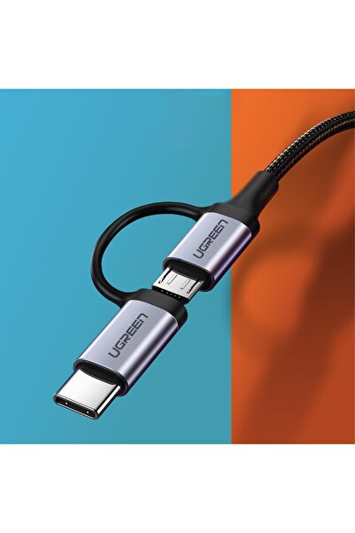 Ugreen 2'si 1 Arada Örgülü Type-c Micro Usb Şarj Ve Data Kablosu 1 Metre
