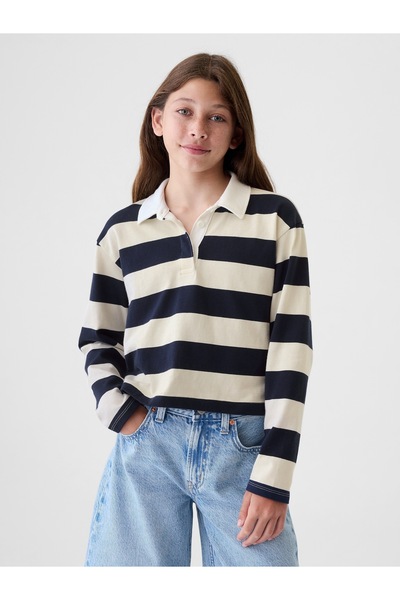 GAP Kız Çocuk Lacivert Crop Rugby Polo Yaka T-Shirt