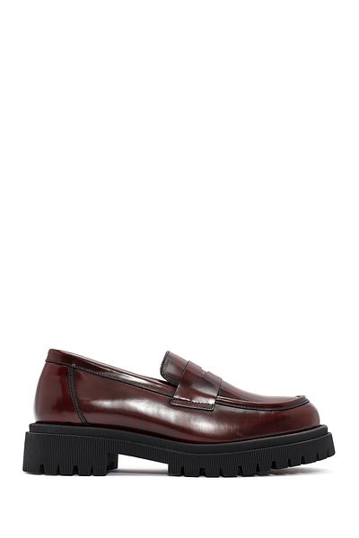 Derimod Women's Burgundy Thick Soled Leather Masculine Loafer 24Wfd 236322