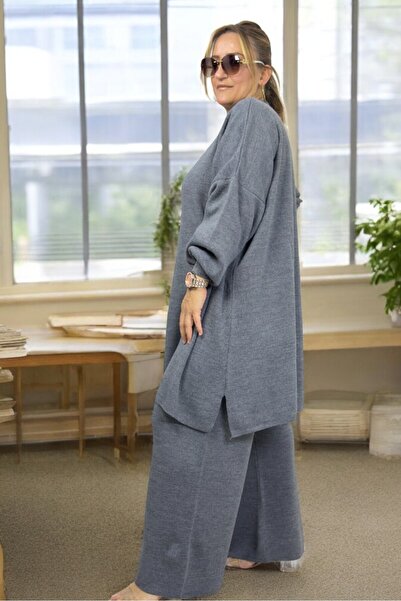 yagmurberen Low Sleeve Mini Slitter Detail Tunic Waist Elastic Pants Extra Large Size Winter Knit Set