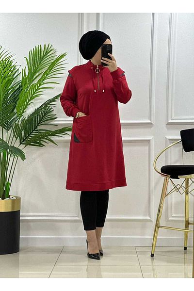 masalabiyem 24561 K 70 Red Leather Detail Pocket Tunic