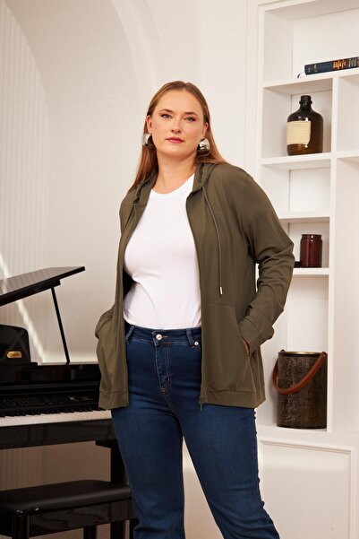 RMG Khaki Color Large Size Modal Sweatshirt Cardigan