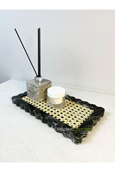 Modestmar Doğal Siyah Mermer Sunum Tabağı, Servis Tabağı Oval Kenar Rattan De...