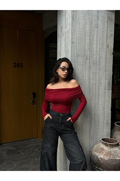 minaaise بلوزة نسائية من الفسكوز الليكرا بياقة مادونا باللون العنابي وأكمام ط...