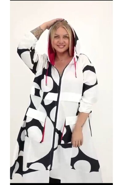 lovedrobe ZP 23034 ZEDPLUS PUANTIYELI  PEMBE KAPSONLU UZUN TRENC-Beyaz - 48