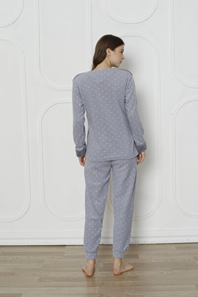 Wordex Fwn 3011 Plush Welsoft Fleece Winter Women's Home Cat Embroidered Pajamas Set