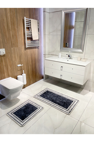 Brillant Çizgili Desenli 2'li Lateks Deri Taban Banyo Paspas Takımı (60X100 -...