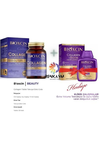 Bioxcin Beauty Collagen 30 Tablets - Type1 Type3 Hydrolyzed Collagen + Collagen & Biotin Extra Volume Shampoo 300 ml
