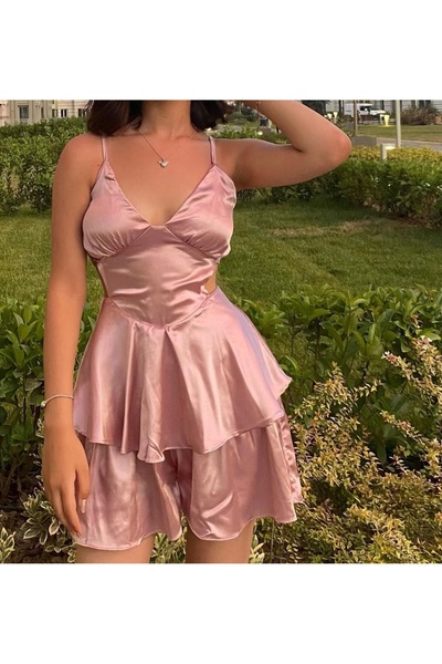 fayette store Gül kurusu bel detay saten mini elbise