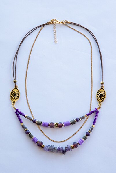 Lila Rosa Doğal Taşlı Otantik Çoklu Kolye