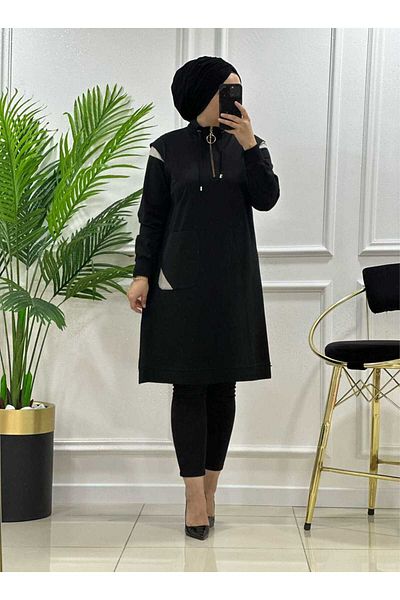 masalabiyem 24561 K 70 Black-Gray Leather Detail Pocket Tunic