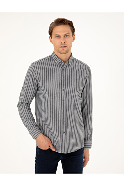 Pierre Cardin Gri Regular Fit Çizgili Uzun Kollu Gömlek 50292164-VR024