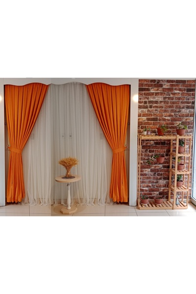 FİGENSİ Turuncu Renk Fon Kadife Perde Çift Kanat 1/3 Sık Pileli Dikim V-15