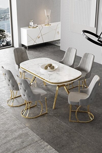 Canisa Epal Serisi 90x168 Lak Panel Beyaz Mermer Desen Masa Takımı Gold Ayaklı 6 Gri Sandalye